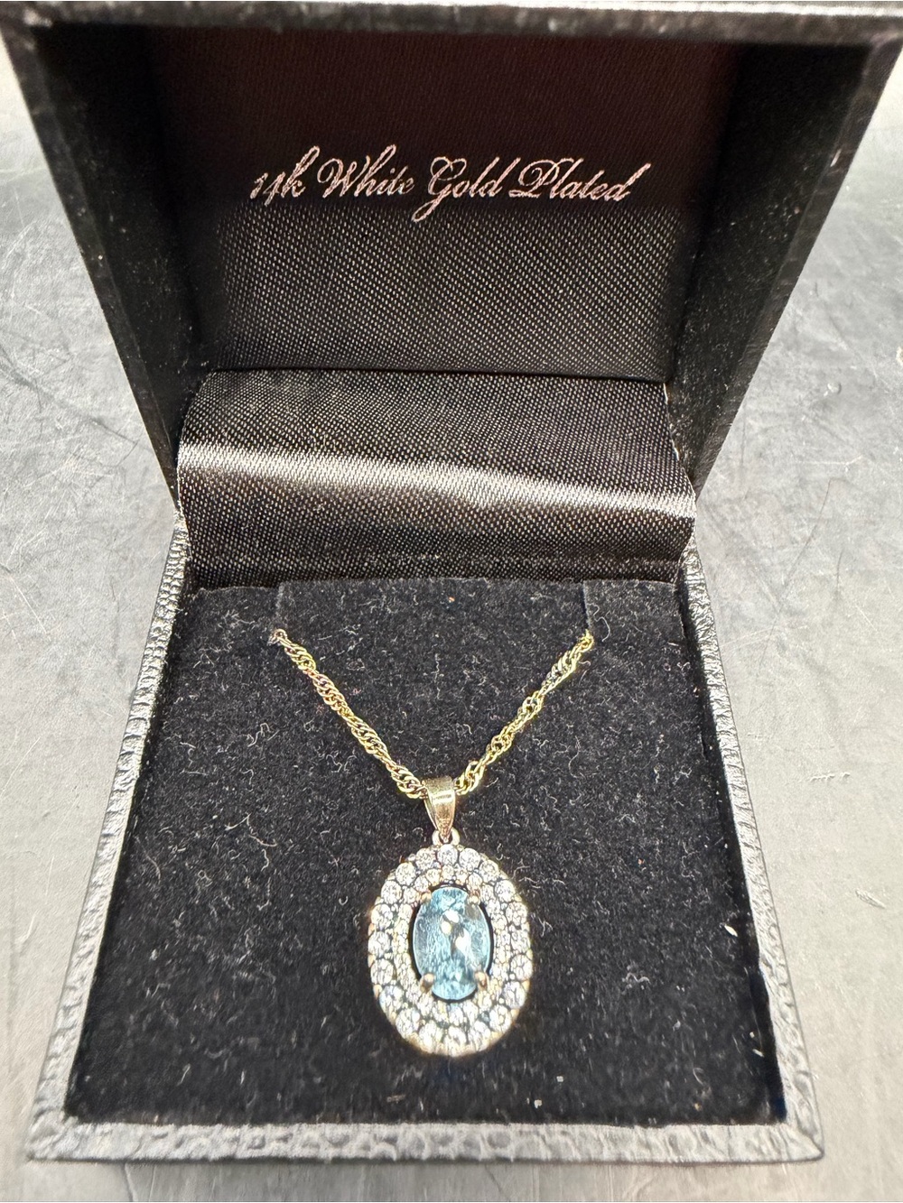 Gold Coast 14k White Gold Plated Oval Blue Topaz Halo Pendant Necklace Boxed